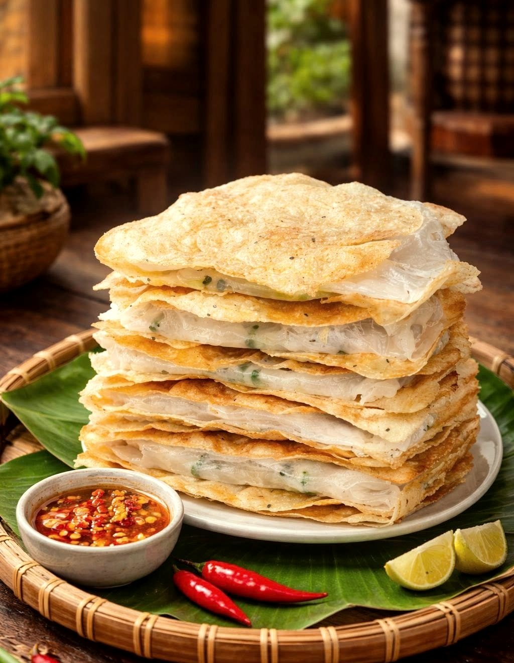 Bánh đập chồng lớp chấm sốt ớt