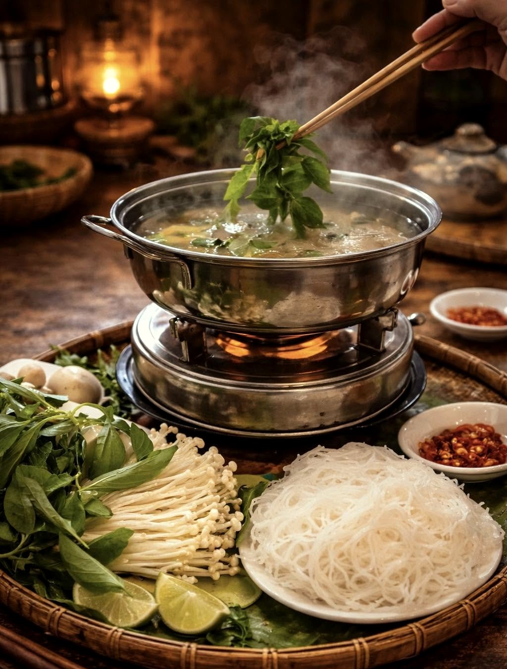 Nồi lẩu nấm bốc khói
