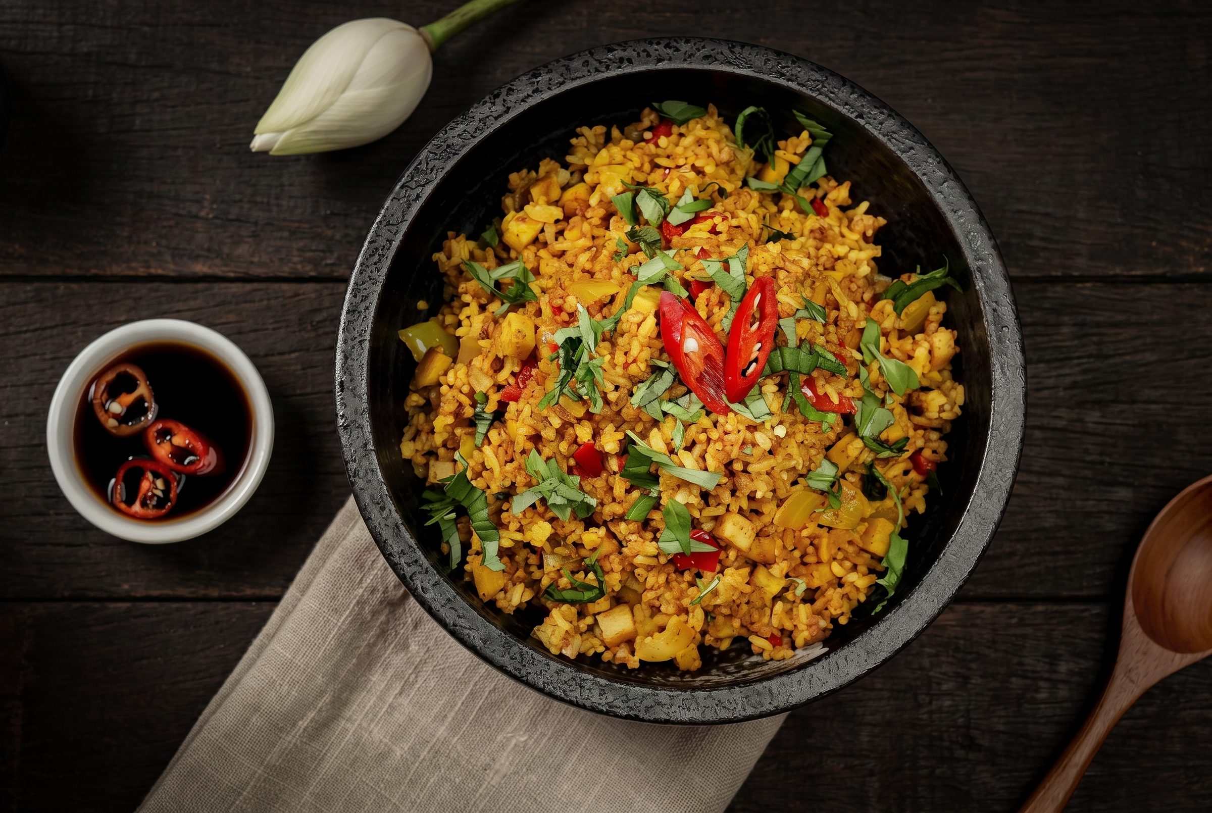 Cơm chiên vàng trong thố đá với muỗng gỗ