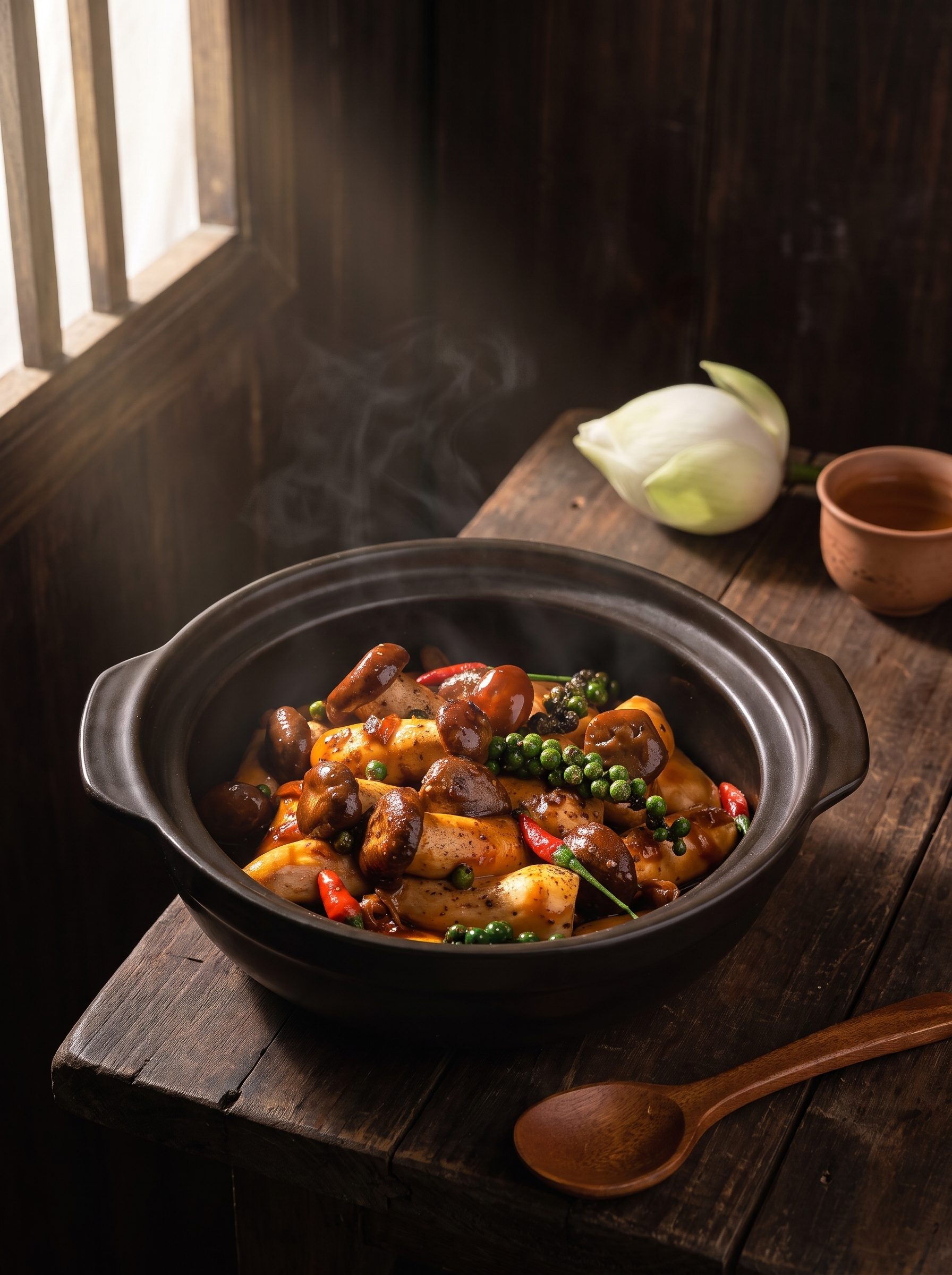 Nồi kho tộ tiêu xanh bốc khói bên búp sen trắng — món của quán, bối cảnh tĩnh vật dàn dựng