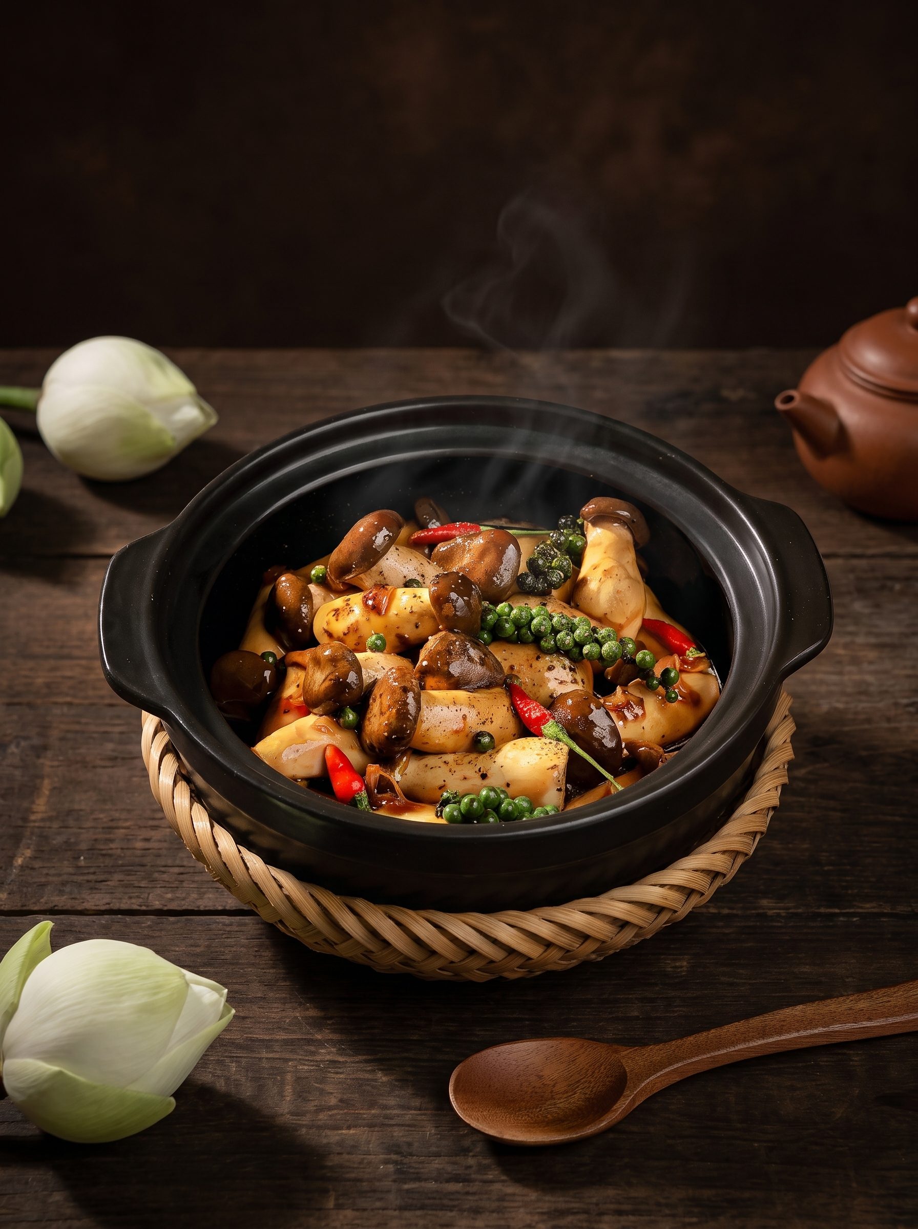 Món kho tộ tiêu xanh trong nồi đất trên lá chuối