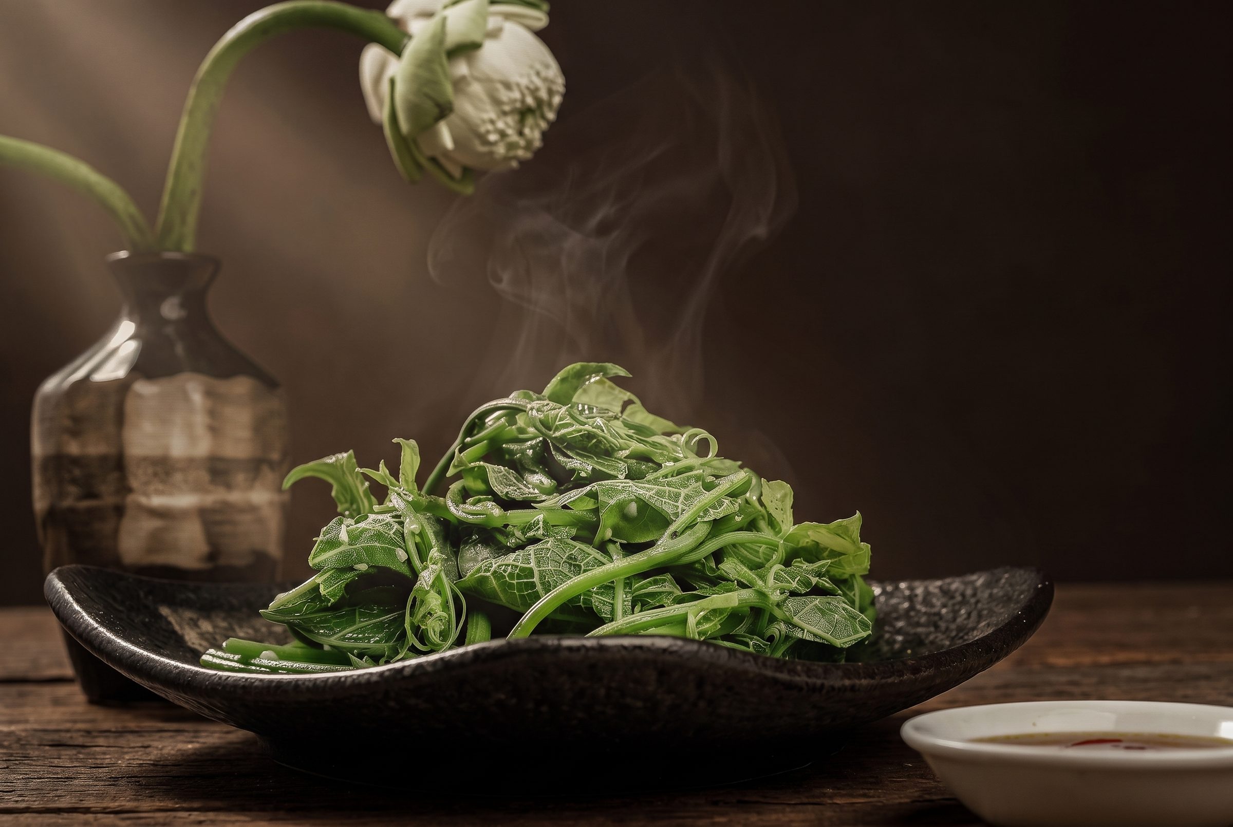 Dĩa rau xanh xào tỏi bên bình sen trắng